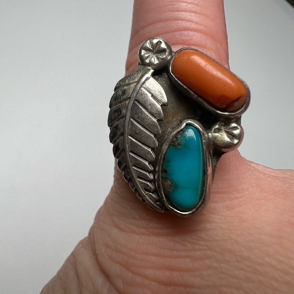 Turquoise & Coral Sterling Silver 925 Ring with Feather